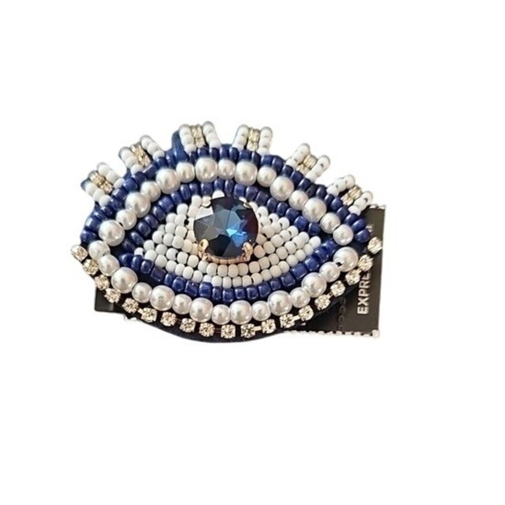 Express Evil Eye Beaded Brooch Pin Blue White Faux Pearl Rhinestone NWT